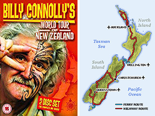 Billy Connolly New Zealand DVD cover and New Zealand Map
