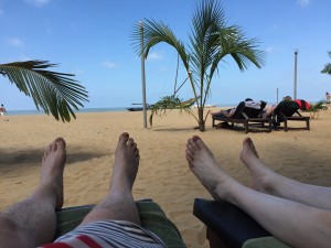 Christopher and Andrews legs on the beach in Nogombo in Sri Lanka