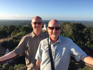 Andrew and Christopher Global Wanderers at lookout to big buddha statue in Sri Lanka